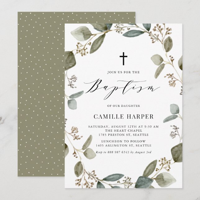 Watercolor Seeded Eucalyptus Wreath Baptism Invitation (Front/Back)