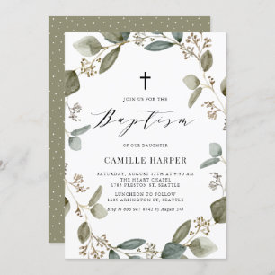 Watercolor Seeded Eucalyptus Wreath Baptism Invitation
