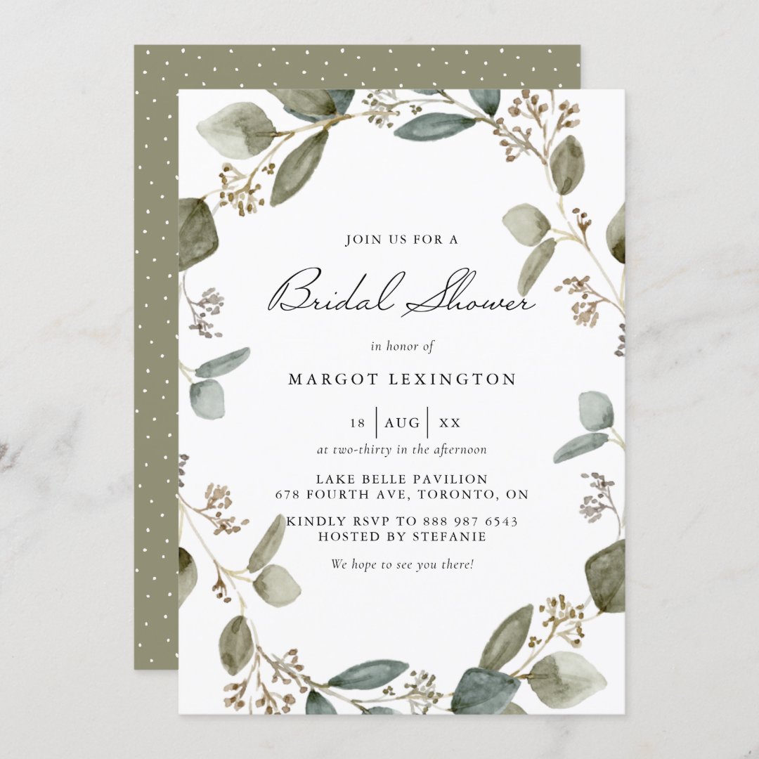 Watercolor Seeded Eucalyptus Wreath Bridal Shower Invitation | Zazzle