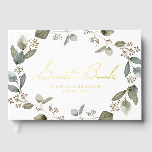 Watercolor Seeded Eucalyptus Wreath Photo Wedding Foil Guest Book (Front)