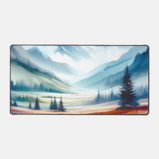 Watercolor serene valleys with mountain backdrop desk mat