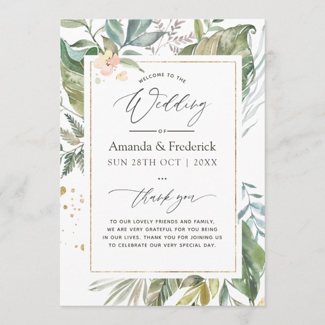 Watercolor Serenity Greenery Geometric Wedding Program (Front)