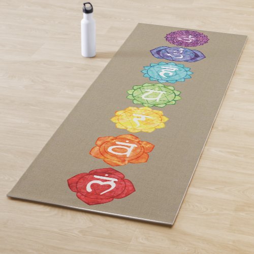 Watercolor Seven Chakras On Faux Linen Two_Sided Yoga Mat