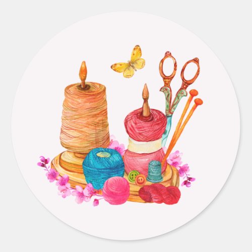 Watercolor Sewing and Knitting Accessories  Classic Round Sticker
