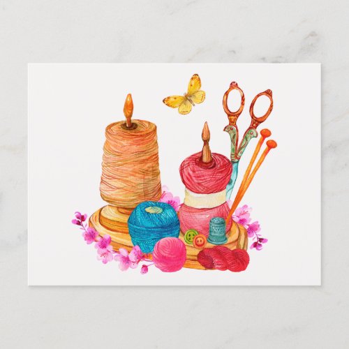 Watercolor Sewing and Knitting Accessories Postcard