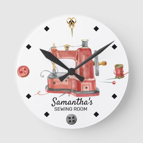 Watercolor Sewing Machine Alterations Personalized Round Clock