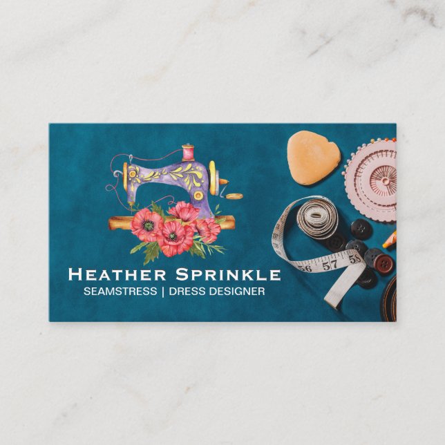 Watercolor Sewing Machine Logo | Craft Tools Business Card (Front)