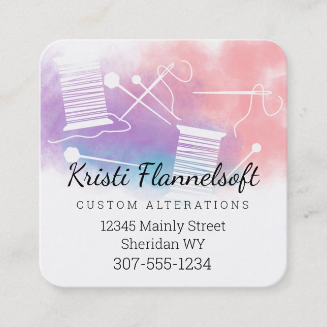 Watercolor sewing notions seamstress alterations square business card (Front)