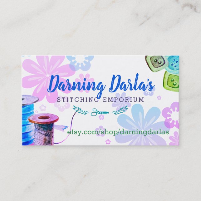 Watercolor sewing notions seamstress business card (Front)