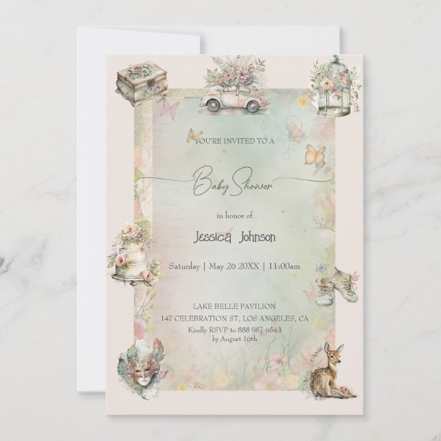 Watercolor Shabby Chic Baby Shower Invitation (Front)