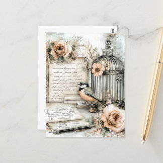Watercolor Shabby Chic Bird & Cage Postcard
