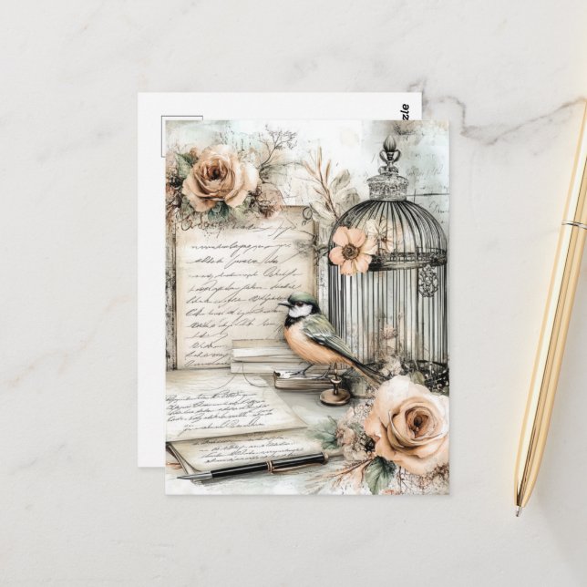 Watercolor Shabby Chic Bird & Cage Postcard (Front/Back In Situ)