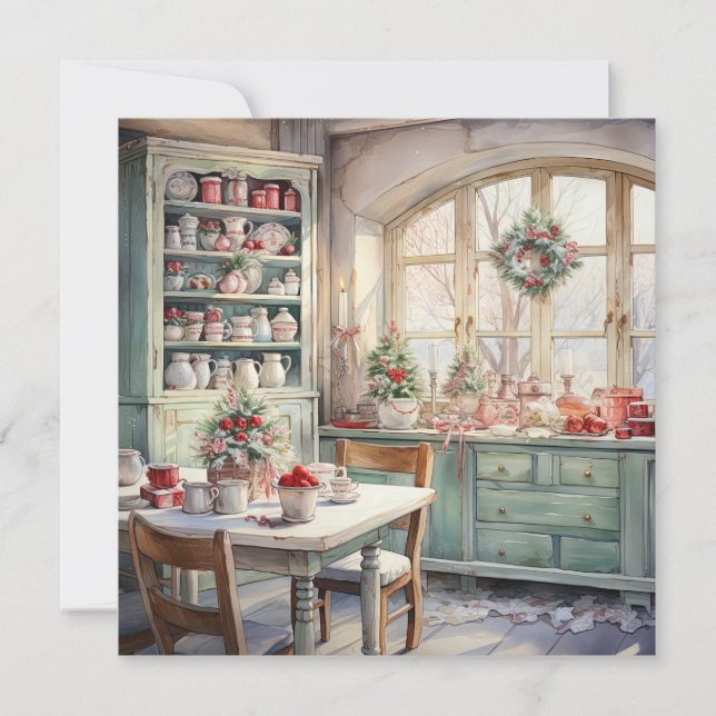Watercolor Shabby Chic Christmas Kitchen Note Card (Front)