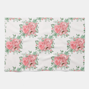 Watercolor Shabby Chic Pink Roses and Polka Dots Kitchen Towel