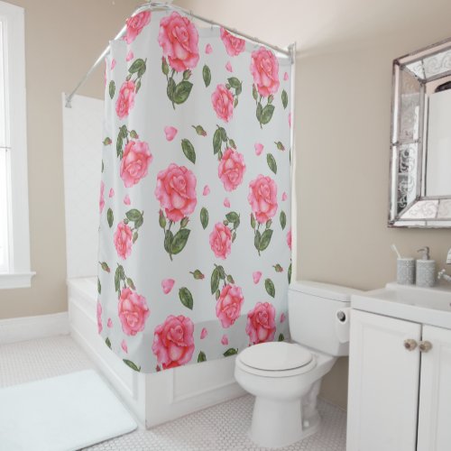Watercolor Shabby Chic Pink Roses Floral Pattern Shower Curtain