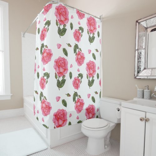 Watercolor Shabby Chic Pink Roses Floral Pattern Shower Curtain