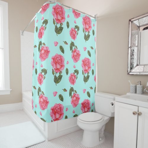 Watercolor Shabby Chic Pink Roses Floral Pattern Shower Curtain