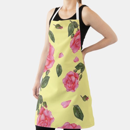 Watercolor Shabby Chic Pink Roses Pattern Apron