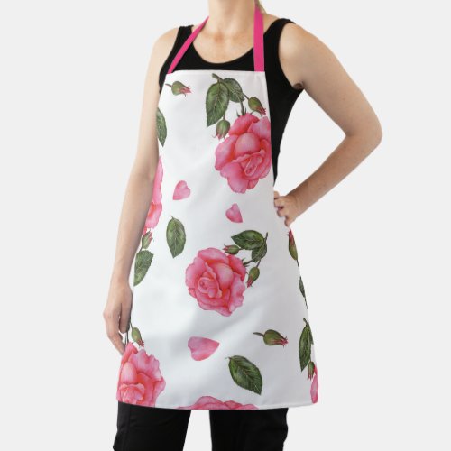 Watercolor Shabby Chic Pink Roses Pattern Apron