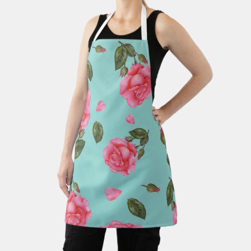 Watercolor Shabby Chic Pink Roses Pattern Apron