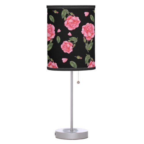 Watercolor Shabby Chic Pink Roses Petals Black Table Lamp