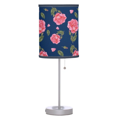 Watercolor Shabby Chic Pink Roses Petals Blue Table Lamp