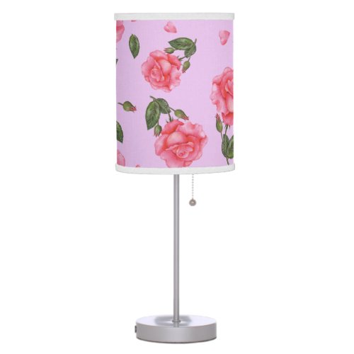 Watercolor Shabby Chic Pink Roses Petals Pattern Table Lamp