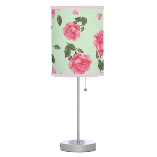 Watercolor Shabby Chic Pink Roses Petals Pattern Table Lamp