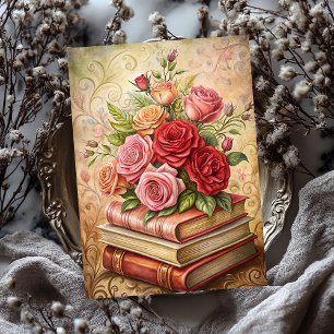 Watercolor shabby chic vintage red roses old books tissue paper