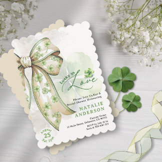 Watercolor Shamrock Bow Luck in Love Bridal Shower Invitation
