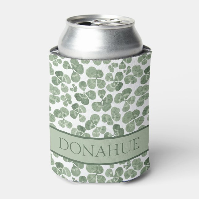 Watercolor Shamrock Clover Patterned Can Cooler (Can Front)
