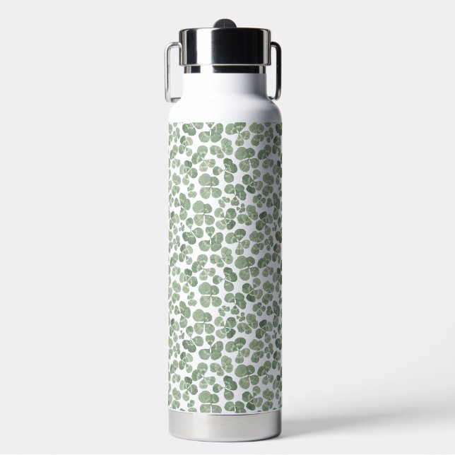 Watercolor Shamrock Clover Patterned Water Bottle (Front)