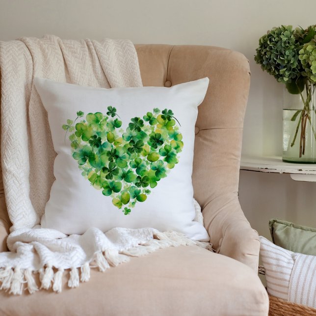 Watercolor Shamrock Heart Clover Flowers  Throw Pillow (Creator Uploaded)