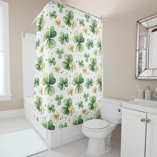 Watercolor Shamrock Pattern • Green & Gold  Shower Curtain (In Situ)