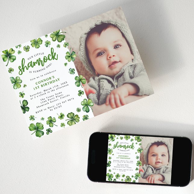 Watercolor Shamrock Photo Birthday Party Invitation (Creator Uploaded)