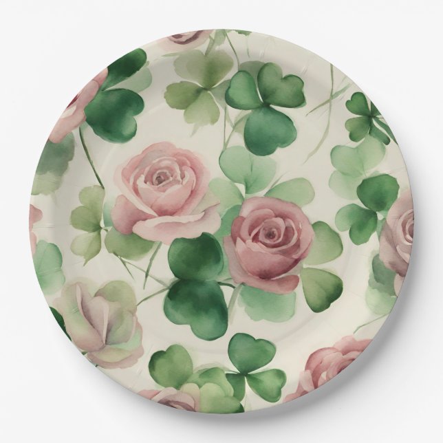 Watercolor Shamrock Rose Paper Plates (Front)