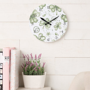 Watercolor Shamrock Wall Clock   Soft Green Irish 