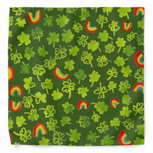 Watercolor Shamrocks and Rainbows Irish Green Bandana