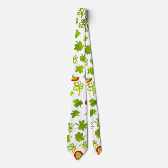 Watercolor Shamrocks and Rainbows Irish Neck Tie (Front)