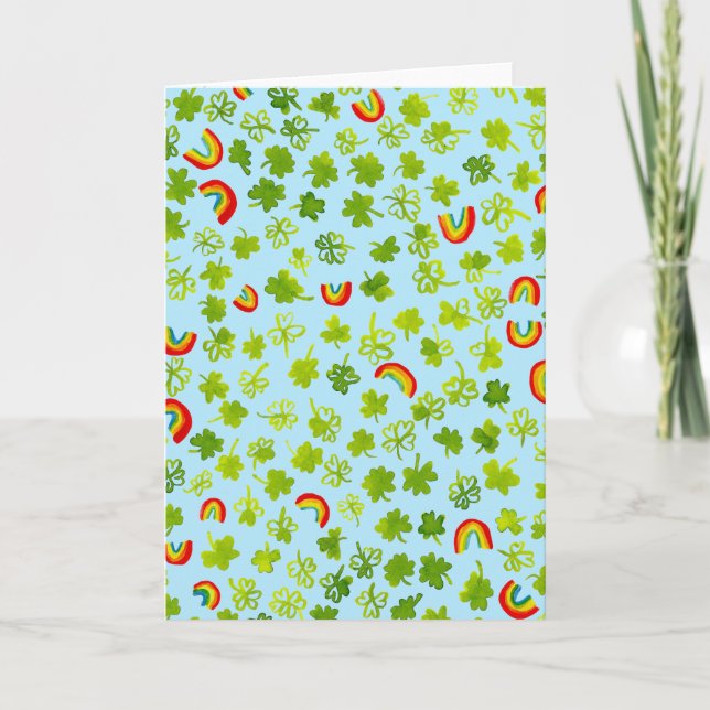 Watercolor Shamrocks & Rainbows Irish St Patty's Card (Front)