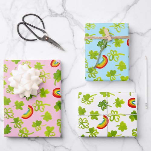 Watercolor Shamrocks  Rainbows Irish St Pattys Wrapping Paper Sheets