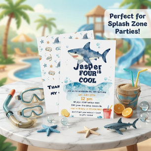 Watercolor Shark Boys 4th Birthday Pool Party Invitation
