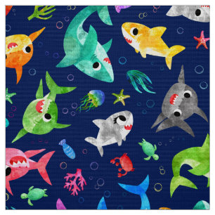 Watercolor Shark Family Adorable Ocean Fabric