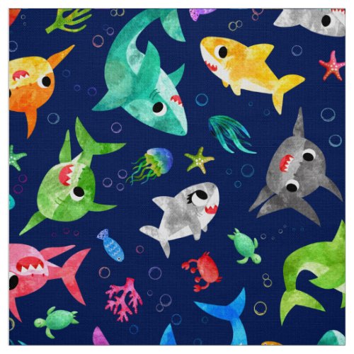 Watercolor Shark Family Adorable Ocean Fabric