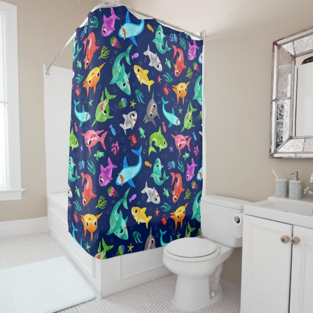 Watercolor Shark Family Adorable Ocean Shower Curtain (In Situ)