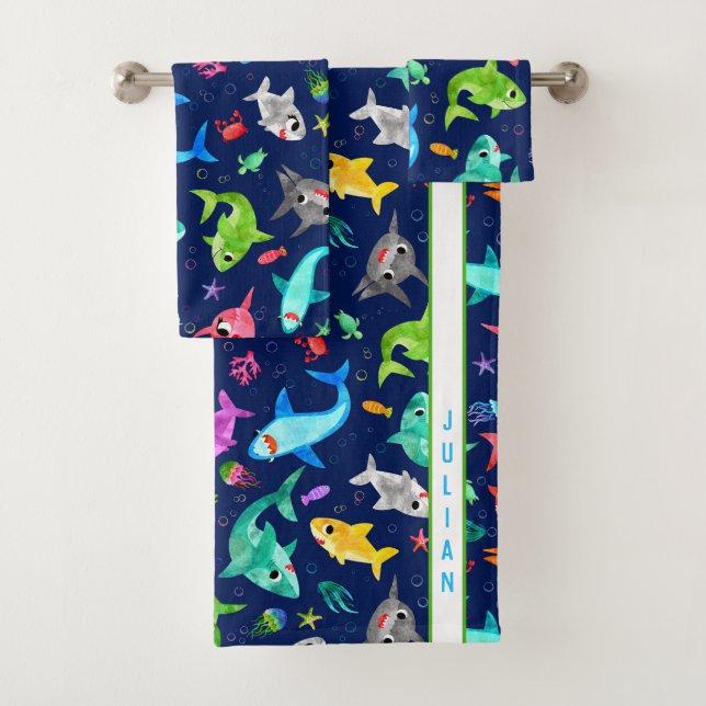 Watercolor Shark Family Adorable Personalized Bath Towel Set (Insitu)