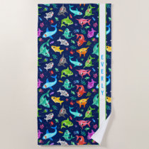 Watercolor Shark Family Adorable Personalized Beach Towel
