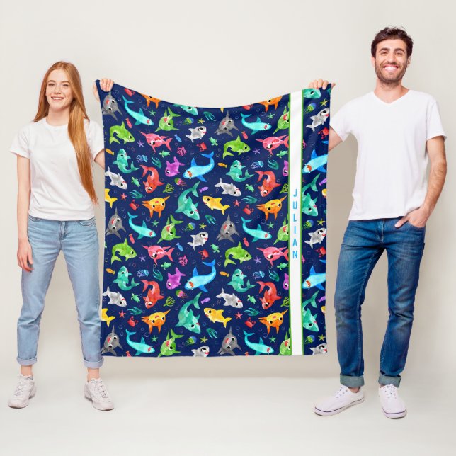 Watercolor Shark Family Adorable Personalized Fleece Blanket (In Situ)