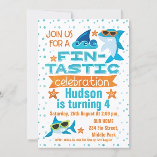 Watercolor Shark  Fin_tastic Birthday Invitation