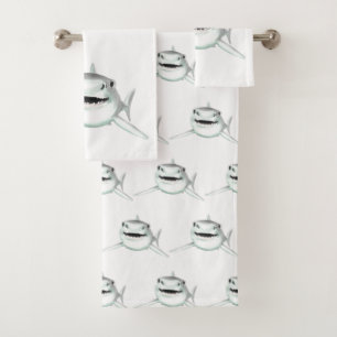 watercolor shark smiling gray green ocean animal bath towel set